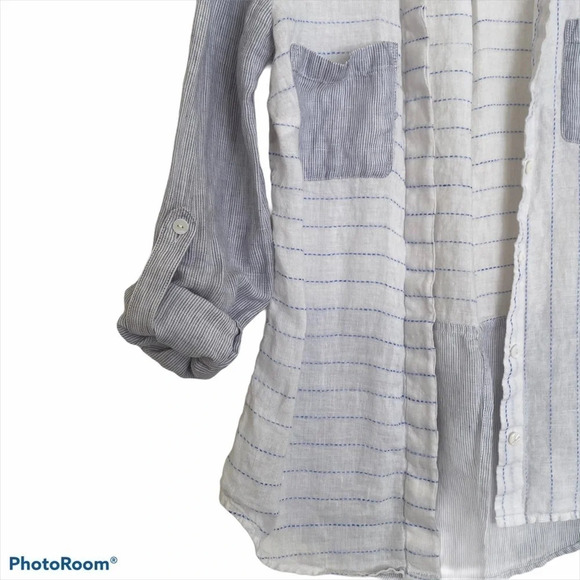 Saks Fifth Avenue Linen Striped Hi-low Button down - Picture 6 of 11